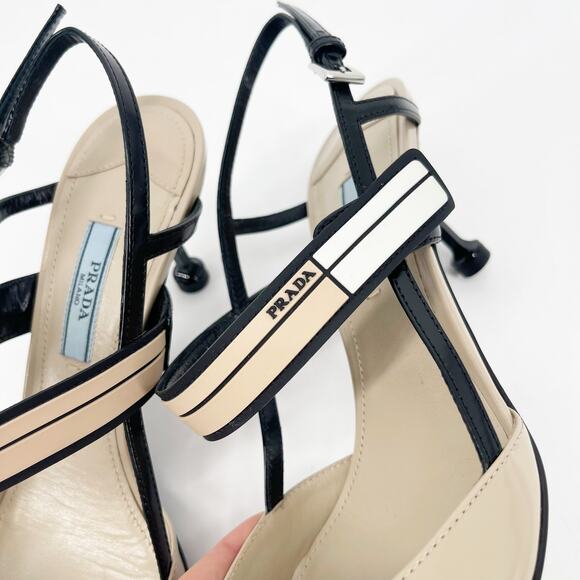 Prada Beige Black Leather Slingback Pointed Toe Mary Jane Cap Toe Heels IT 37 - Picture 10 of 15